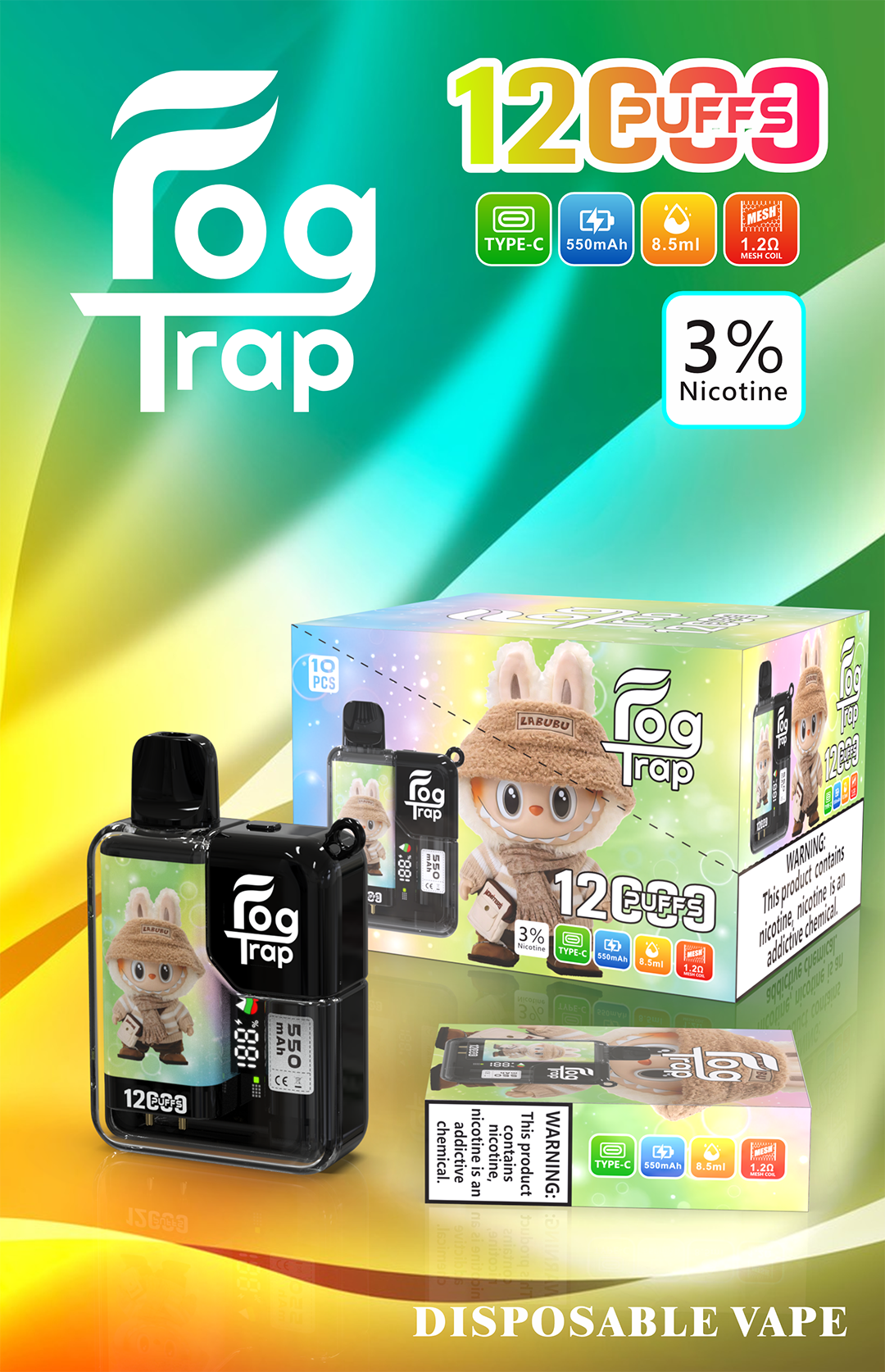【買10送1】Fog Trap 聯名 蠟筆小新 × LABUBU 12000口抛棄式 智能油電數位雙顯示 強悍雙檔功率切換 爽快爆發口感 全台現貨極速配發:圖片 3